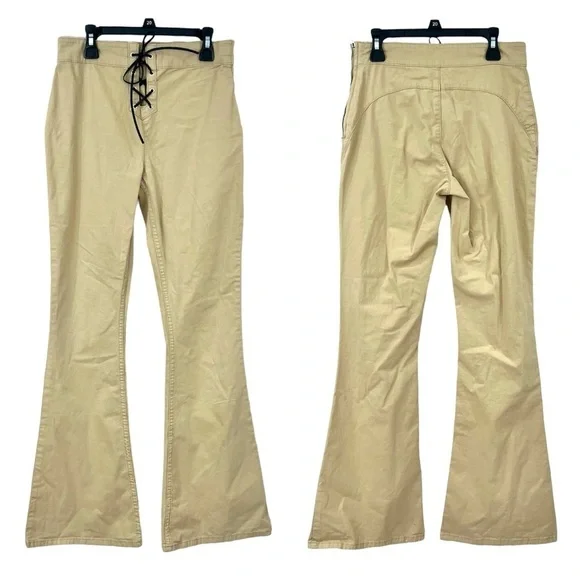 Asos Design Y2K Lace Up Detail Retro High Rise Flare Pants in Beige Stone - Picture 4 of 13